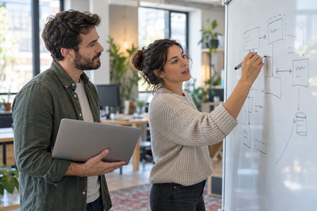 Two engineers sketching a system on a whiteboard to estimate the work