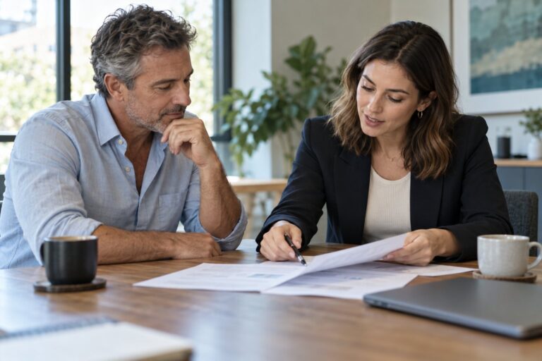 A client and an agency project lead going through a printed proposal at a table