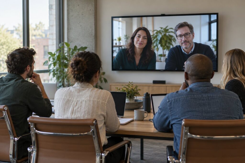 A development team on a video call with their client in another office