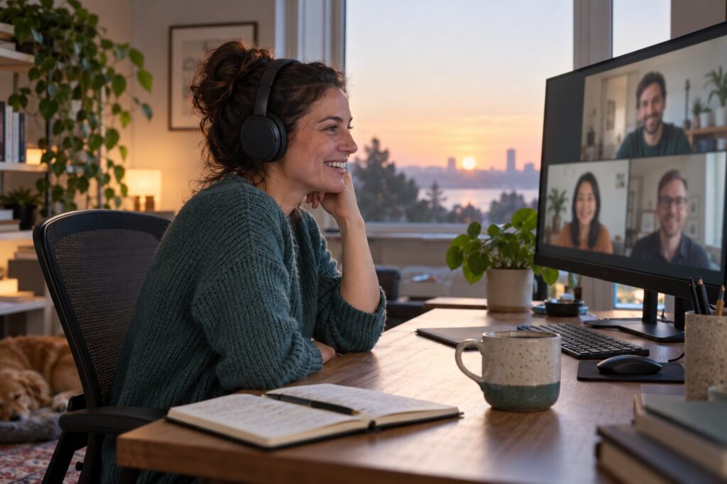 A developer on an early-morning video call with colleagues in other time zones